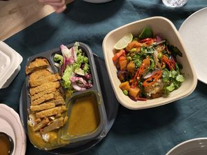 vegatsu on the left and teriyaki shichimi tofu kokoro bowl  at Wagamama in Utrecht