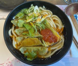 Gyoza ramen: very spicy and no other flavours. Also, the ingredients are simple: udon, boksoy and spring onions (and gyoza).  at Wagamama in Utrecht