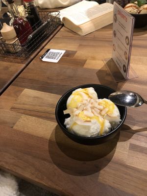 Coconut icecream with passion fruit sauce (surprisingly amazing)!  at Wagamama in Utrecht