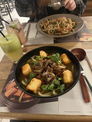 Silken tofu ramen and the yaki soba (both with udon noodles).  at Wagamama in Utrecht