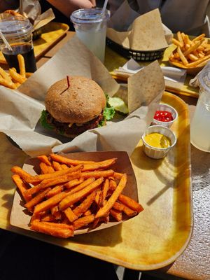 Vegan cheese burger with sweet potato fries at Padaro Beach Grill in Carpinteria