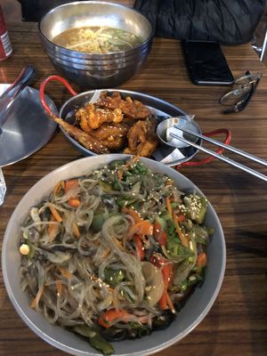 Sweet potato noodles, sweet chilli chicken, ramen  at K-pub in Adelaide