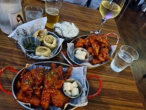 Dumplings and seitan "chicken" in VolKano sauce (front) & sweet chilli sauce (back) at K-pub in Adelaide