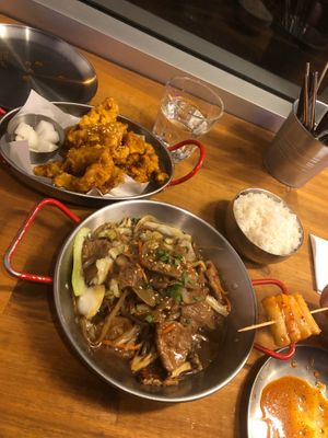 Seitan steak stir fry, soy and maple chick’n and the rice cake skewers! at K-pub in Adelaide