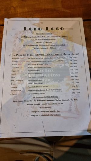 Menu at Loro Loco in Koh Lanta