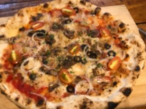 vegan pizza, because I brought my own vegan cheese with me, that they added at Loro Loco in Koh Lanta