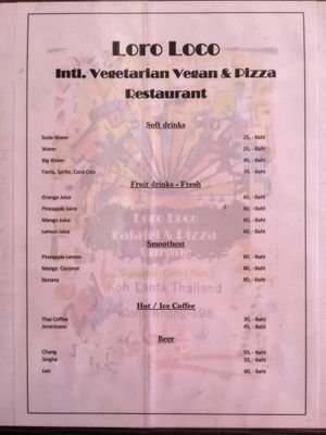 Menu at Loro Loco in Koh Lanta