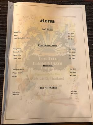 Menu at Loro Loco in Koh Lanta