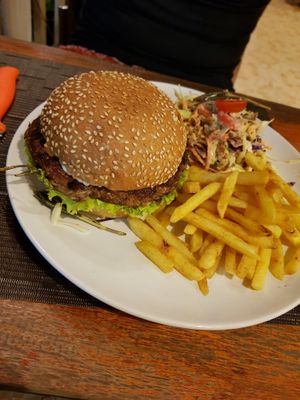 Burger (Jackfruit BBQ) with fries at Loro Loco in Koh Lanta