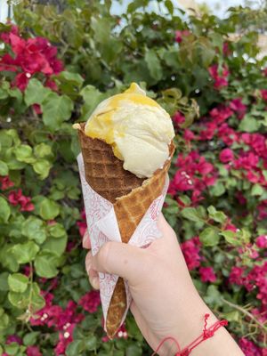 mango sticky rice in a waffle cone   at Stella Jean's in San Diego