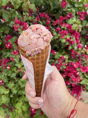 strawberry oat crumble in a waffle cone   at Stella Jean's in San Diego
