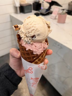 Kinako choco crunch and strawberry oat crumble in waffle cone   at Stella Jean's in San Diego