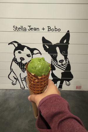 Matcha pistachio (vegan) in a cone (gluten-free)  at Stella Jean's in San Diego