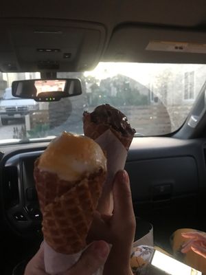 Vegan mango sticky rice and rocky road with vegan waffle cones!!! at Stella Jean's in San Diego