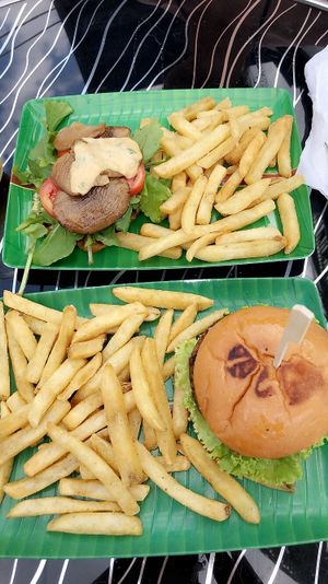 Pumpkin waffle and vegan burger at The Container Beach Restaurant in Negombo