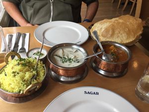 Aloo Ghobi with Bathura, Vegetable Kootu with rice at Sagar Vegan & Vegetarian Restaurant - West End in London