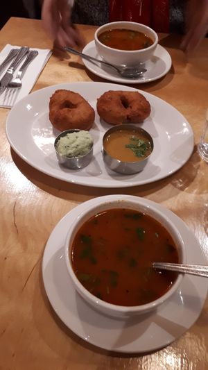 Rasam soup and Medu Vada at Sagar Vegan & Vegetarian Restaurant - West End in London