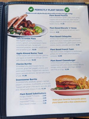 Plant based menu page at Sunnyside Diner - NW 6th St in Oklahoma City