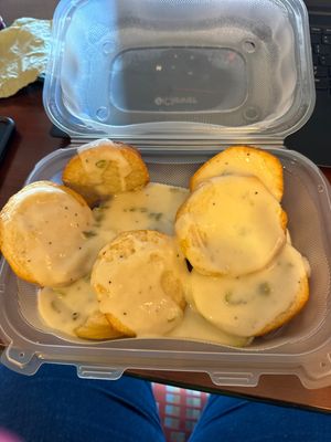 PB biscuits and the most delicious PB green chile cream gravy  at Sunnyside Diner - NW 6th St in Oklahoma City
