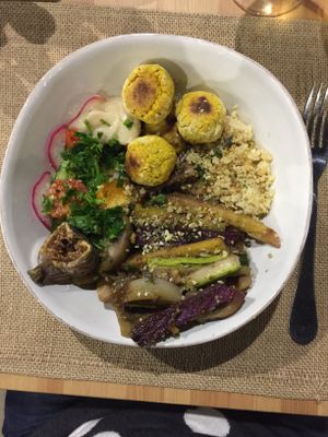 Delicious vegan falafel bowl with couscous and veggies.  at Bosque Bio in Almada