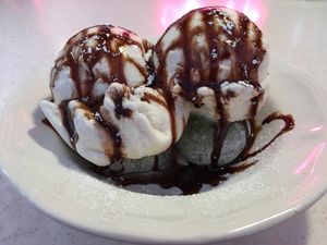 Matcha Ube Mochi and vanilla soft-serve style ice cream at Almond Milk Creamery in Las Vegas