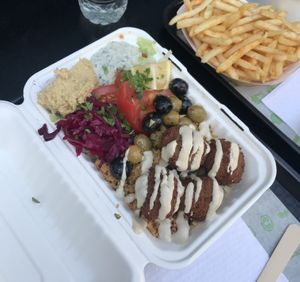 Falafel mezze box  at What The Pitta in Brighton