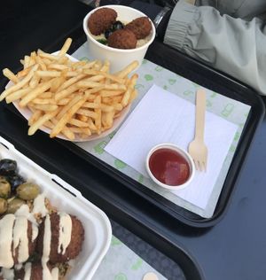 Chips and falafel and hummus  at What The Pitta in Brighton