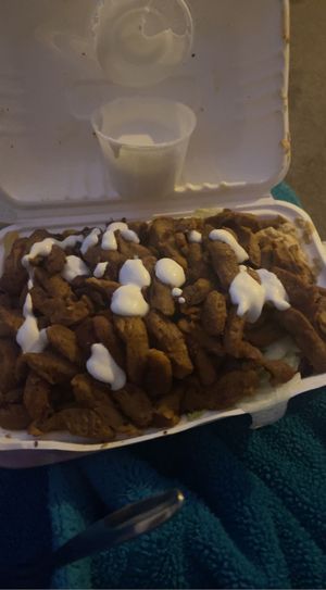 loaded doner meat and garlic mayo chip box  at What The Pitta in Brighton