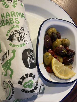 Falafel + olives on the side!  at What The Pitta in Brighton