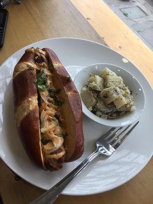 siracha mayo hot dog....pretzel bun at Gardeno in Tijuana