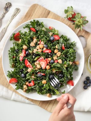Antioxidant Salad - Massaged Kale, Berries, Toasted chickpeas and home made dressing. at Gardeno in Tijuana