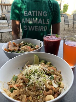 So many delicious plants! This is the peanut noodle bowl and the superfood bowl! at Karma Café in Asheville