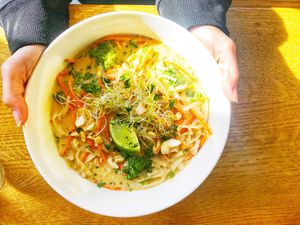 Spicy Peanut Noodle Bowl at Karma Café in Asheville