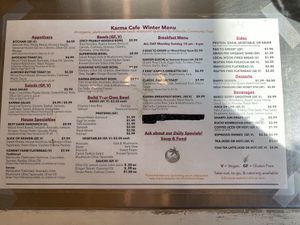 Menu at Karma Café in Asheville