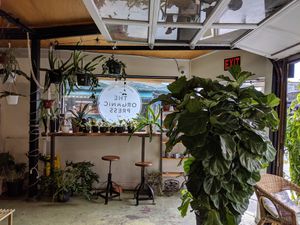Interior - entrance and seating at The Organic Press in Toronto