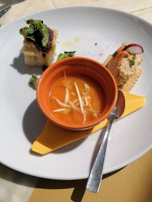 Zuppa di carote e zenzero, focaccia con scarola e olive nere e crackers con Hummus. at Agriturismo Teresa delle Fragole in Vigano