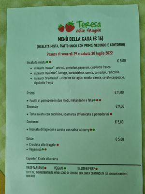 Menu at Agriturismo Teresa delle Fragole in Vigano