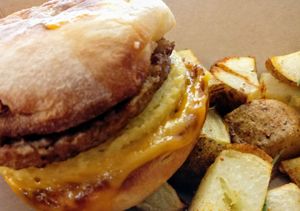 Our Sunday Brunch Breakfast Sandwich!! Just Egg on English Muffin w/ cheddar chz and breakfast sausage!!! We sell out so get there early!  at Veg Eats Foods  in Delray Beach