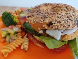 "Chicken" Caprese with tricolour pasta salad at Veg Eats Foods  in Delray Beach