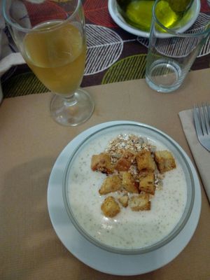 Ajoblanco (garlic soup) & suc de poma (apple juice) at La Riera in Barcelona