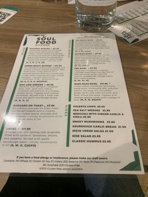 menu at Soul Food Kitchen in Glasgow