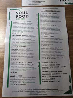 Menu at Soul Food Kitchen in Glasgow
