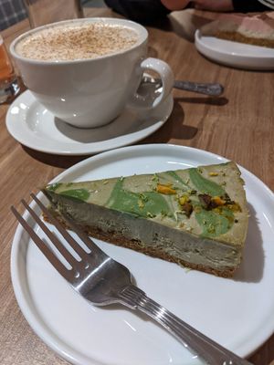 Matcha and lime raw cheesecake/oat chai latte at Soul Food Kitchen in Glasgow