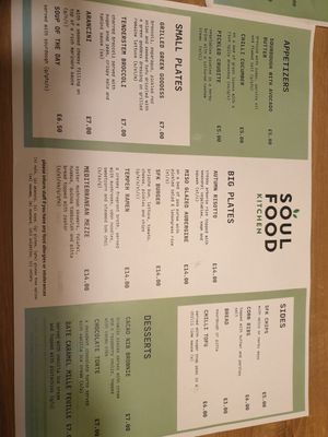 Menu at Soul Food Kitchen in Glasgow