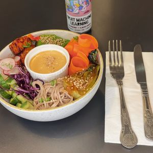 Our new Zen Bowl (tempeh, beansprouts, mixed salad, okra, cucumber, carrot and daikon , red cabbage with brown rice, served with a Sichuan sauce) at Soul Food Kitchen in Glasgow