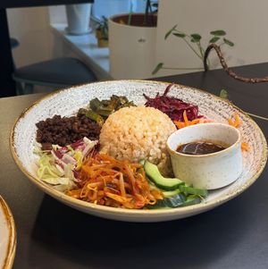 Our new Tempeh Bowl (tempeh, beansprouts, mixed salad, okra, cucumber, carrot and daikon , red cabbage with brown rice, served with a Sichuan sauce) at Soul Food Kitchen in Glasgow