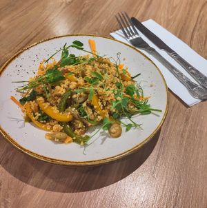 Our new Cous Cous Salad (spiced cous cous with roasted aubergine, tomatoes and peppers dressed with parsley and a pomegranate molasses sauce) at Soul Food Kitchen in Glasgow