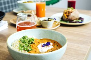 African stew with kombucha at Soul Food Kitchen in Glasgow