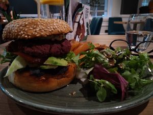 Beetroot burger, 10 pounds, served with fries and salad at Soul Food Kitchen in Glasgow