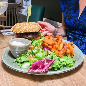 mexican burger with sweet potato fries at Soul Food Kitchen in Glasgow